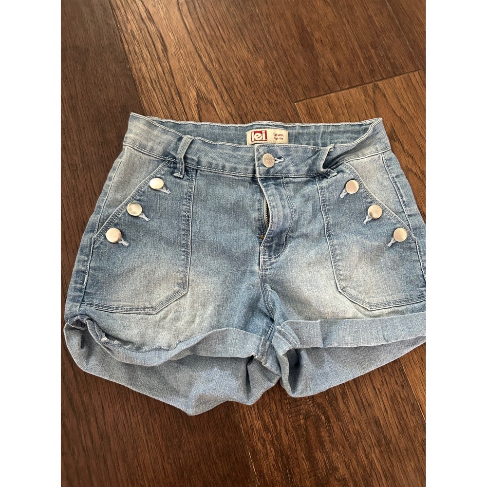 LEI Tatum High Rise Denim Shorts Light Wash Sailor Button Front Sz 5 Regular y2k